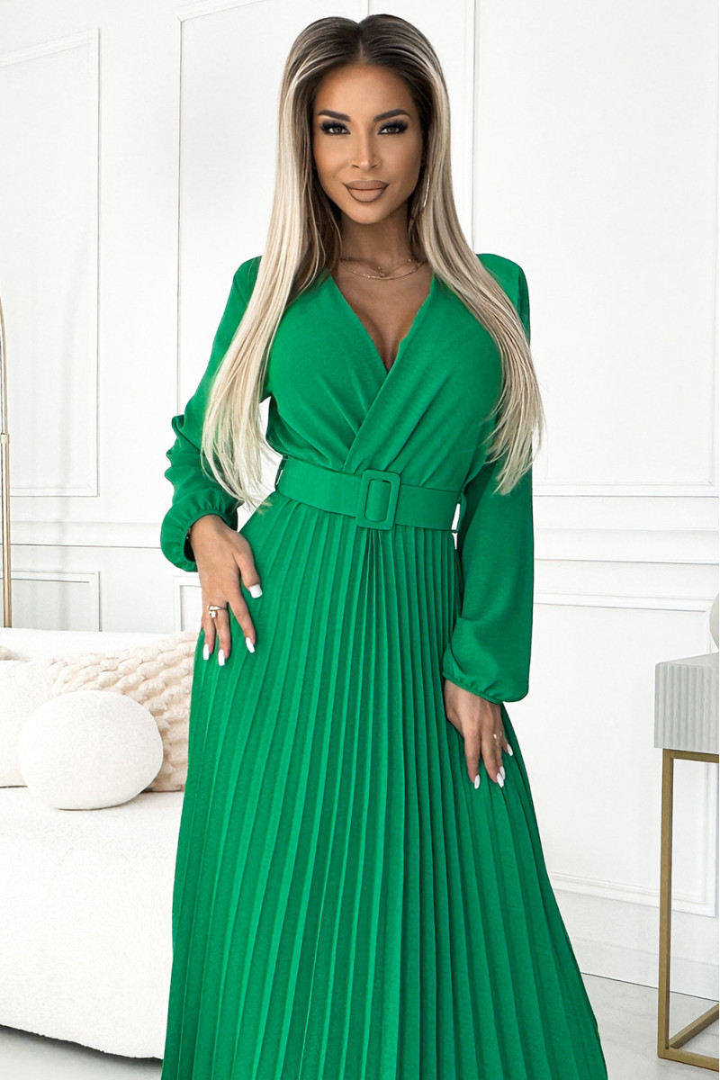 Zelené plisované midi šaty s dlhým rukávom a opaskom