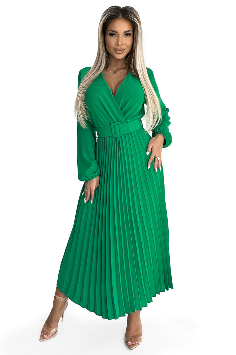 Zelené plisované midi šaty s dlhým rukávom a opaskom