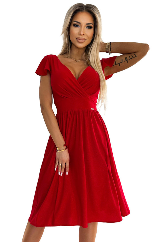 Červené trblietavé midi šaty s volánikovými rukávmi