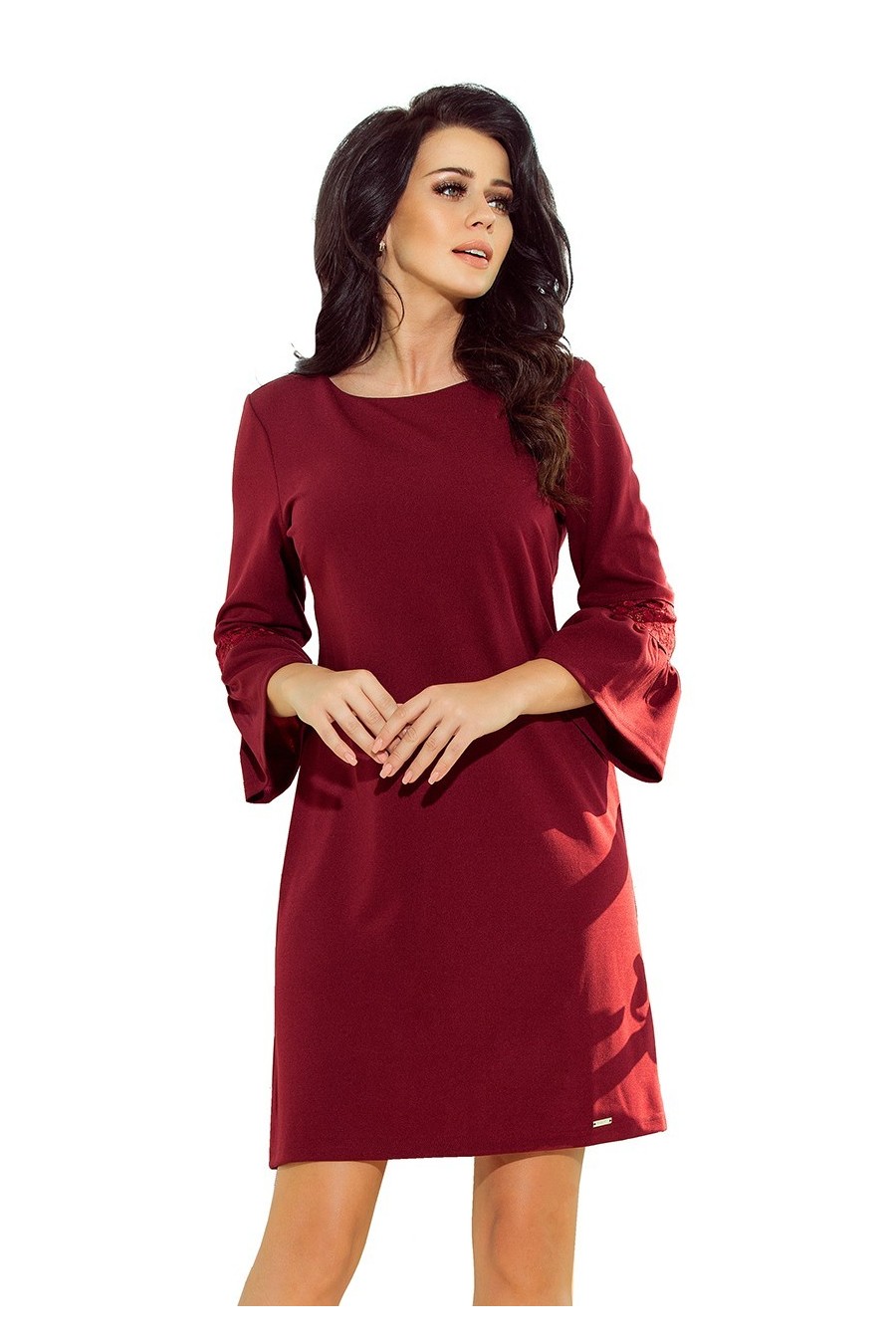 190-8 MARGARET šaty s krajkou na rukávech - burgundské barvy