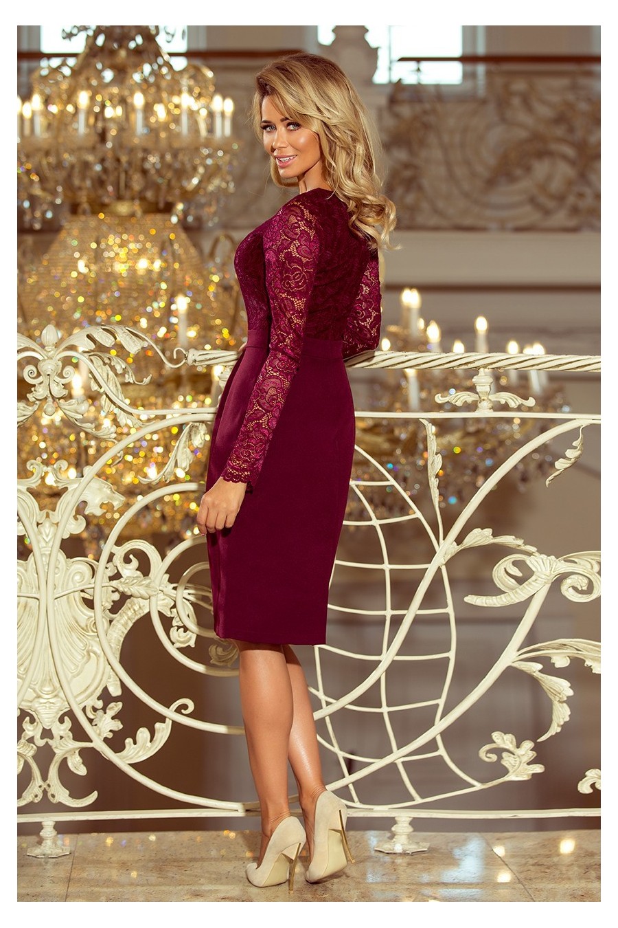 216-3 EMMA elegantní tužkové šaty s krajkou - burgundské barvy