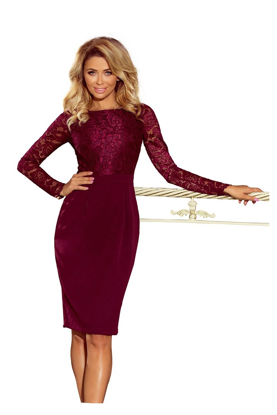 216-3 EMMA elegantní tužkové šaty s krajkou - burgundské barvy