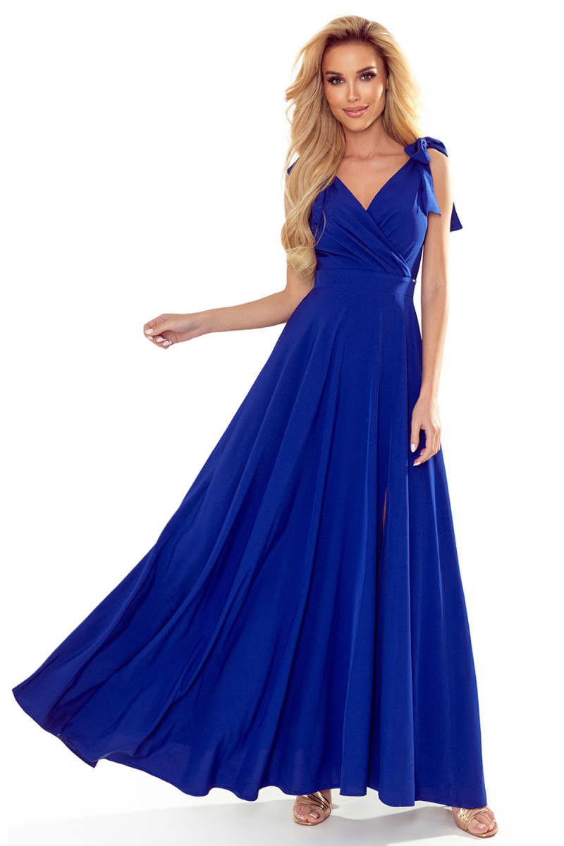 Modré dlhé elegantné šaty na viazanie