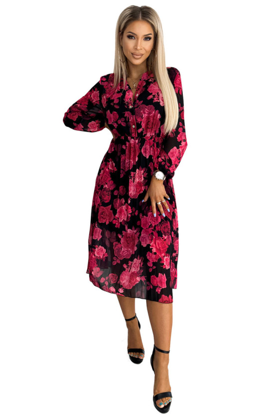 Čierne midi šaty s plisovanou sukňou a cyklámenovým kvetinovým vzorom