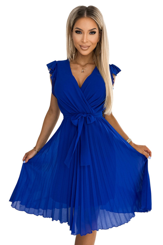 Modré plisované šaty s viazaním