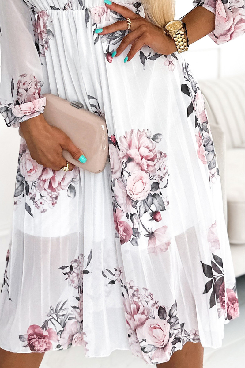 Biele midi šaty s plisovanou sukňou a jemným kvetinovým vzorom