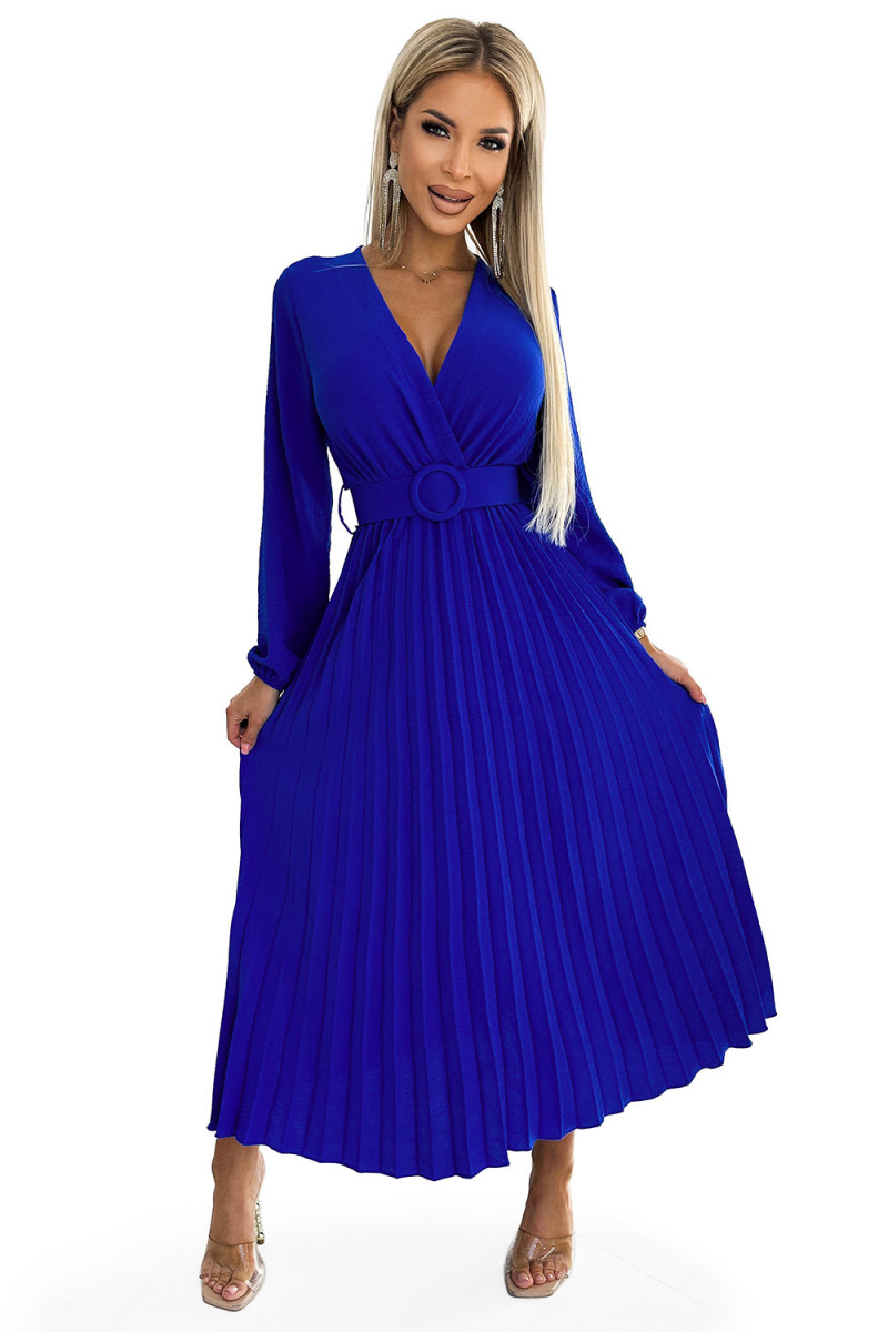 Kráľovsky modré plisované midi šaty s dlhým rukávom a opaskom