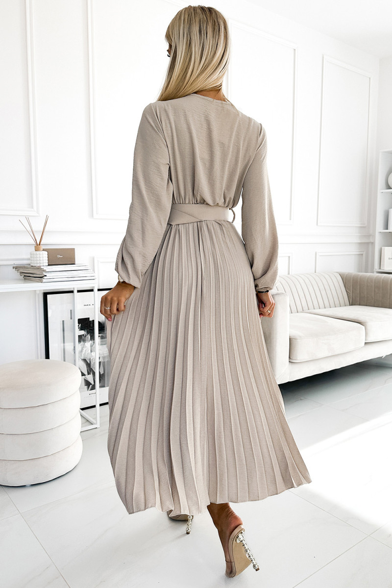 Béžové plisované midi šaty s dlhým rukávom a opaskom