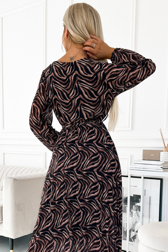 Midi šaty s hnedým abstraktným vzorom