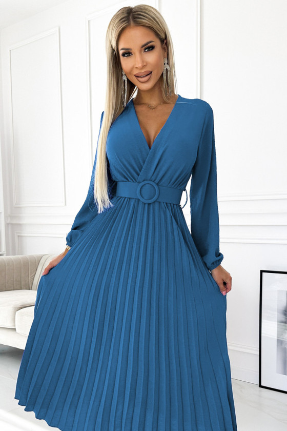 Modré plisované midi šaty s dlhým rukávom a opaskom