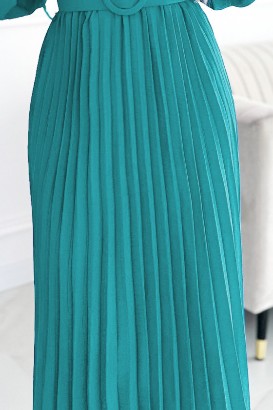 Tyrkysové plisované midi šaty s dlhým rukávom a opaskom