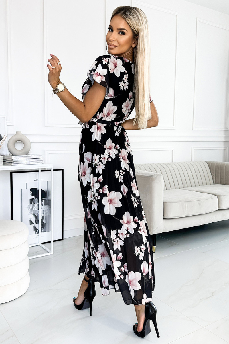 Čierne midi kvetinové šaty s krátkymi rukávmi