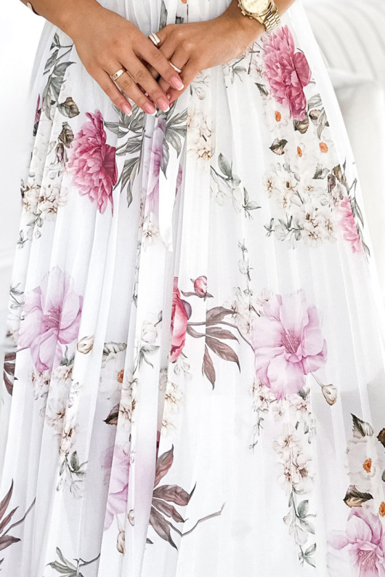 Biele midi šaty s krátkymi rukávmi a kvetinovým vzorom