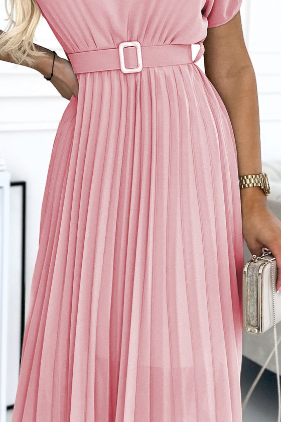Ružové midi šaty s plisovanou sukňou a opaskom