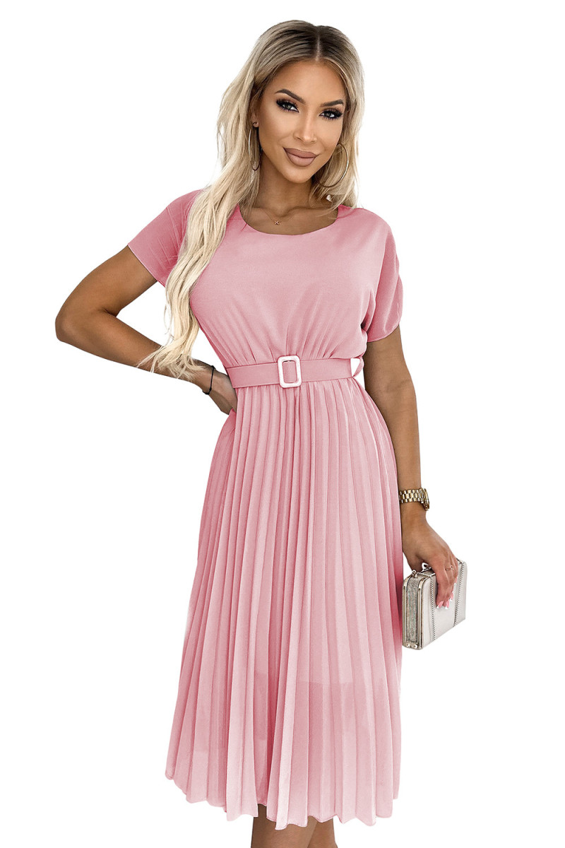 Ružové midi šaty s plisovanou sukňou a opaskom