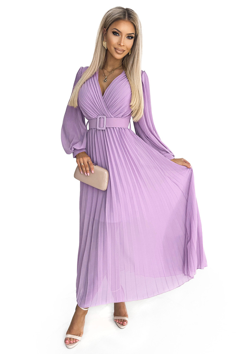 Fialové plisované midi šaty s dlhým rukávom a opaskom