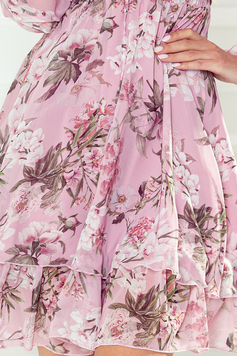Ružové kvetinové šaty s volánikmi a dlhým rukávom