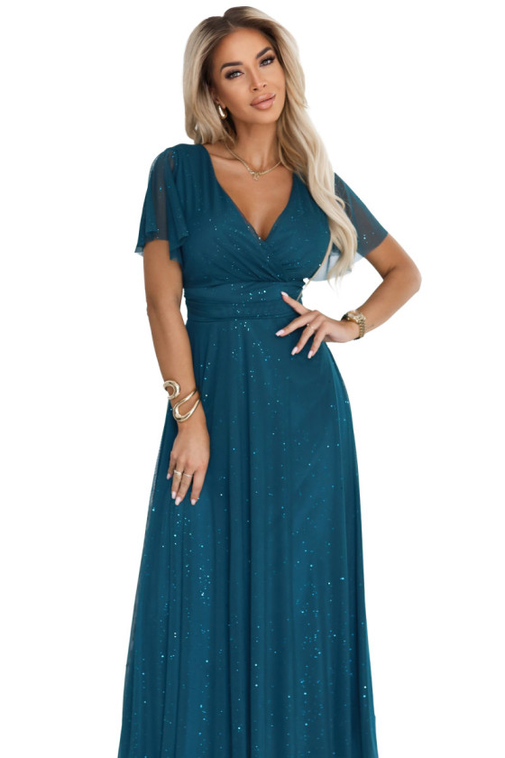 Smaragdové tylové trblietavé šaty s krátkym rukávom