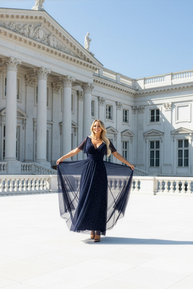 Tmavomodré tylové trblietavé šaty s krátkym rukávom