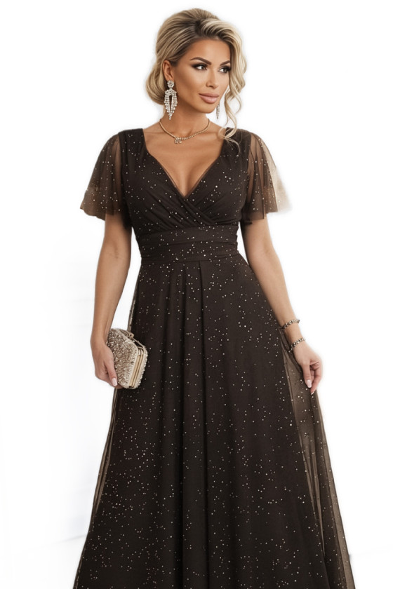 Čokoládové tylové trblietavé šaty s krátkym rukávom