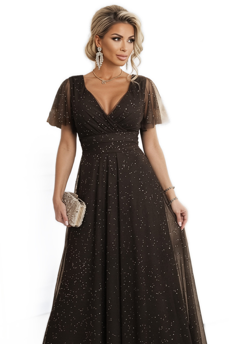 Čokoládové tylové trblietavé šaty s krátkym rukávom