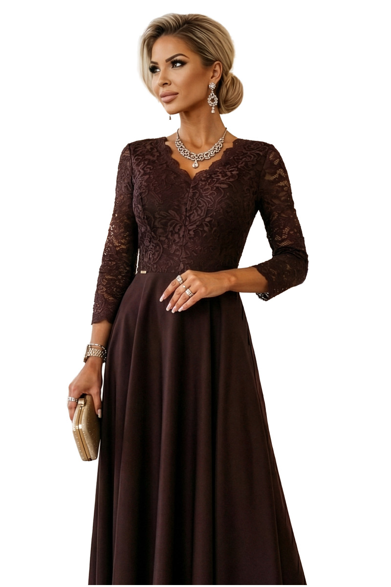 Čokoládové dlhé spoločenské šaty s čipkou a rozparkom