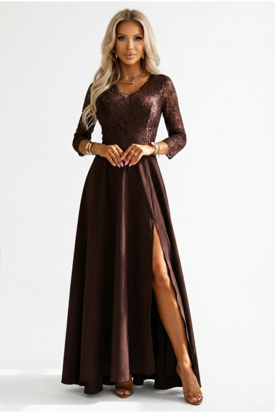 Čokoládové dlhé spoločenské šaty s čipkou a rozparkom