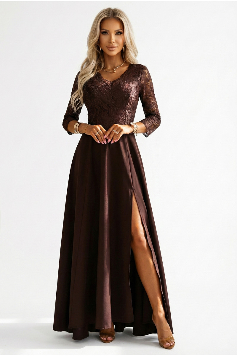 Čokoládové dlhé spoločenské šaty s čipkou a rozparkom