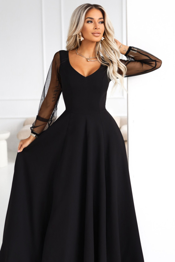 Čierne dlhé spoločenské šaty s tylovými rukávmi