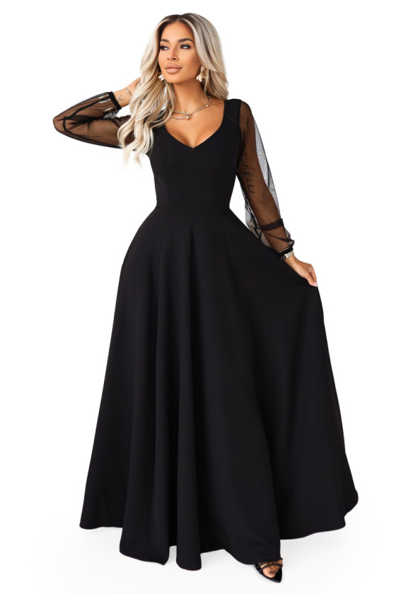 Čierne dlhé spoločenské šaty s tylovými rukávmi