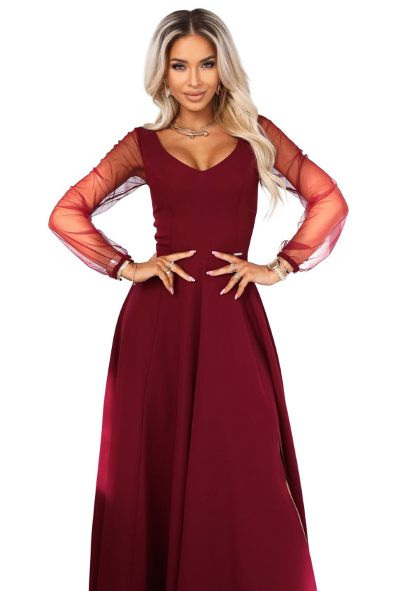 Vínové dlhé spoločenské šaty s tylovými rukávmi