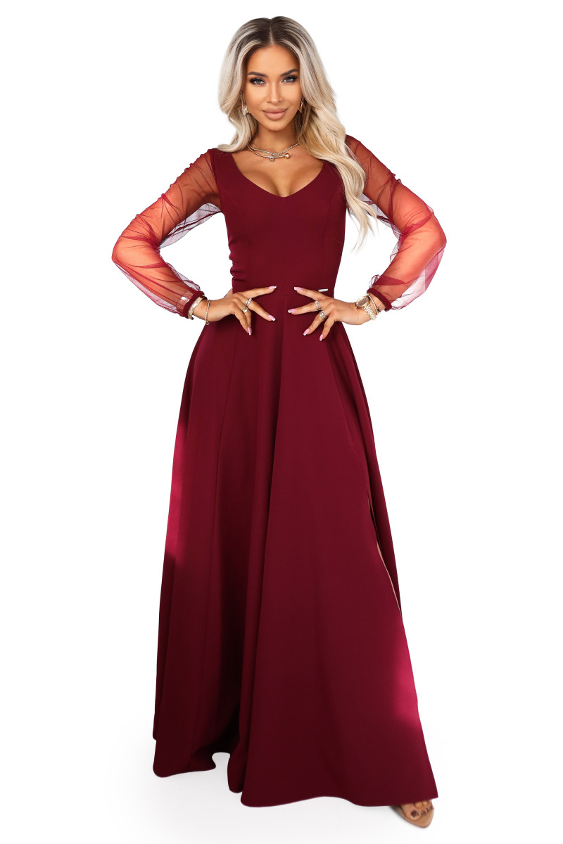 Vínové dlhé spoločenské šaty s tylovými rukávmi