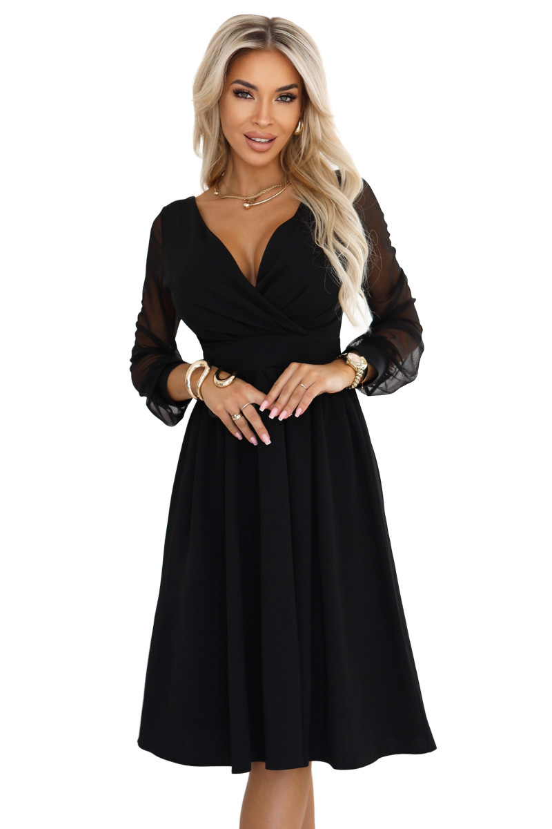 Čierne midi šaty s tylovými rukávmi