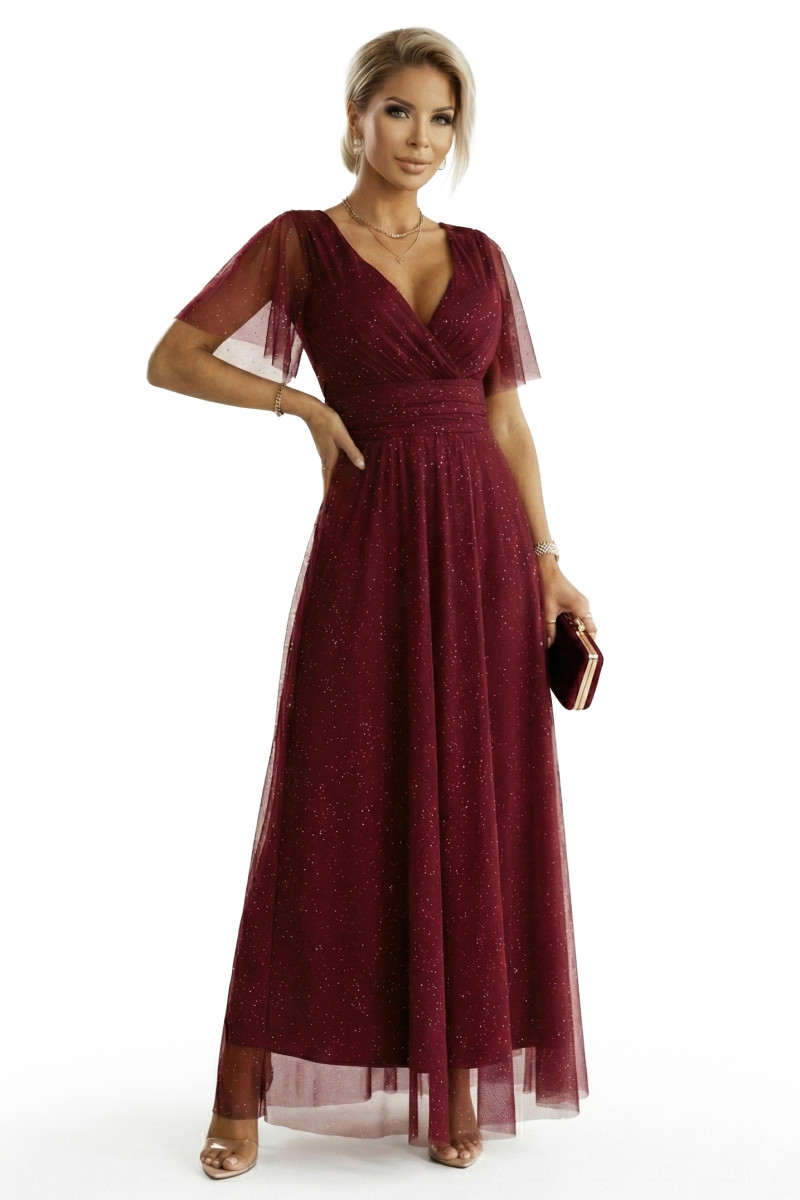 Bordové tylové trblietavé šaty s krátkym rukávom