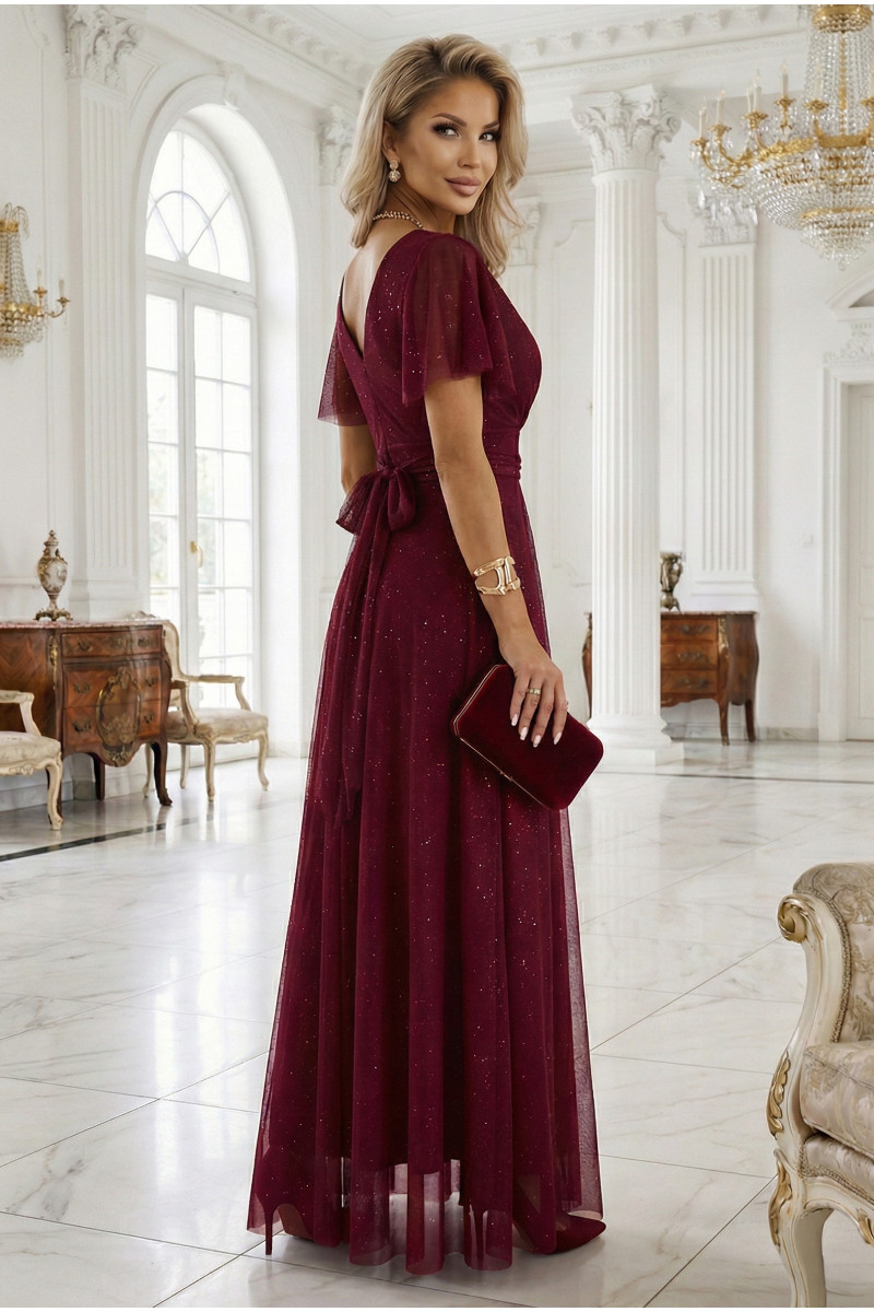 Bordové tylové trblietavé šaty s krátkym rukávom