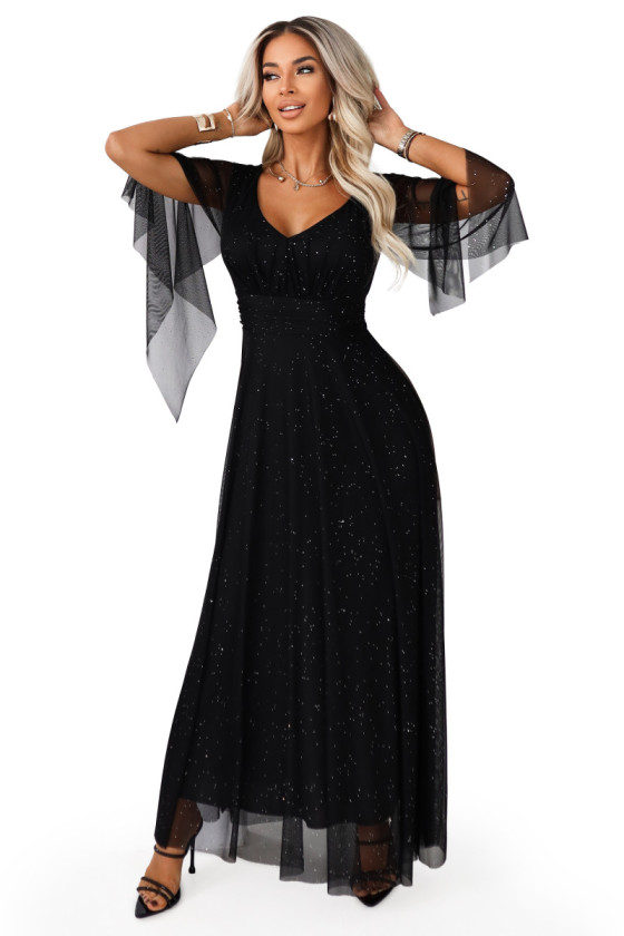 Čierne tylové spoločenské šaty s trblietkami