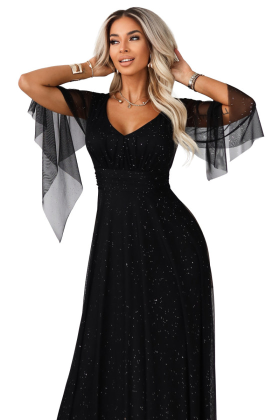 Čierne tylové spoločenské šaty s trblietkami