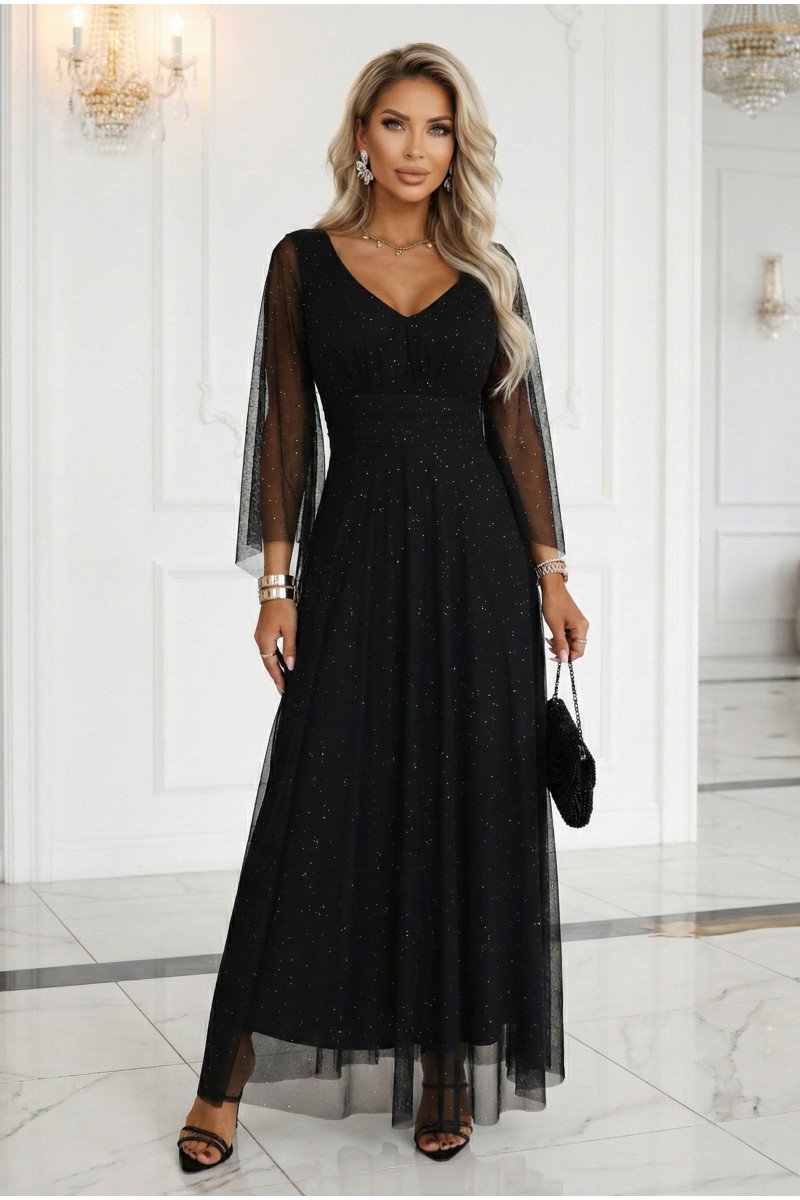 Čierne tylové spoločenské šaty s trblietkami