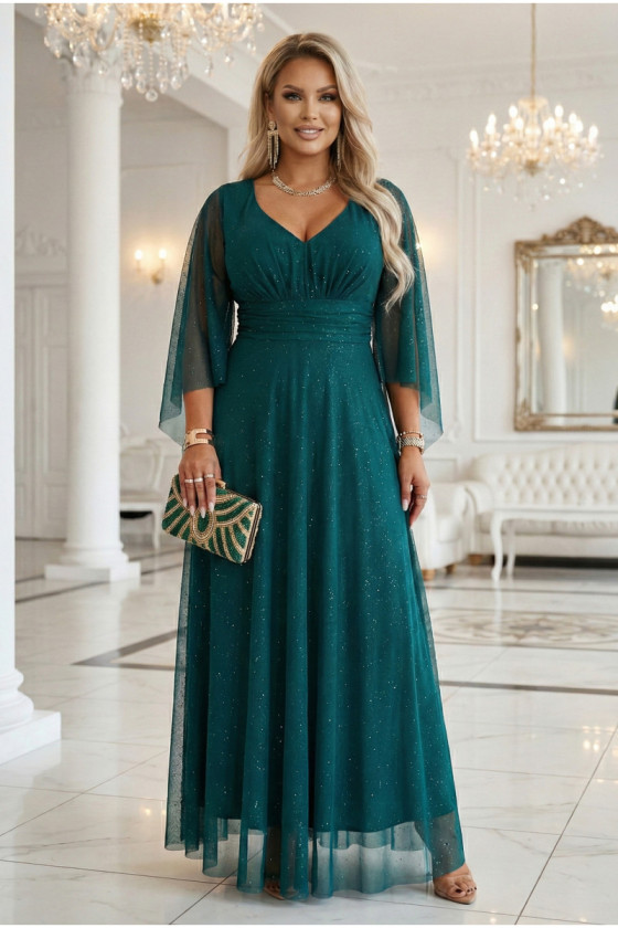 Smaragdové tylové spoločenské šaty s trblietkami