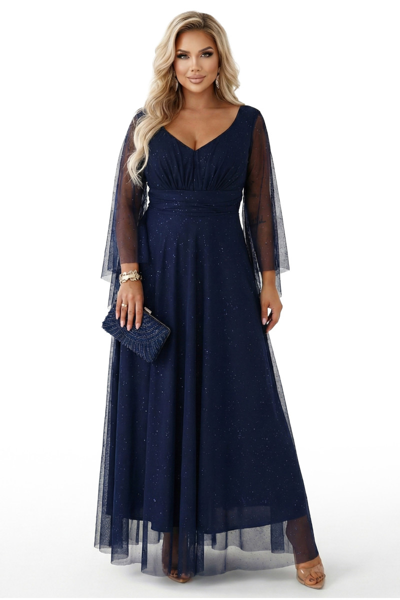 Tmavomodré tylové spoločenské šaty s trblietkami