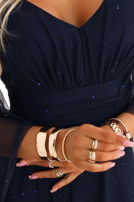 Tmavomodré tylové spoločenské šaty s trblietkami