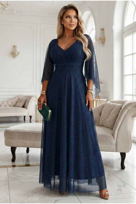 Tmavomodré tylové spoločenské šaty s trblietkami
