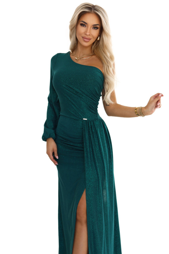 Dlhé smaragdové asymetrické šaty s rozparkom