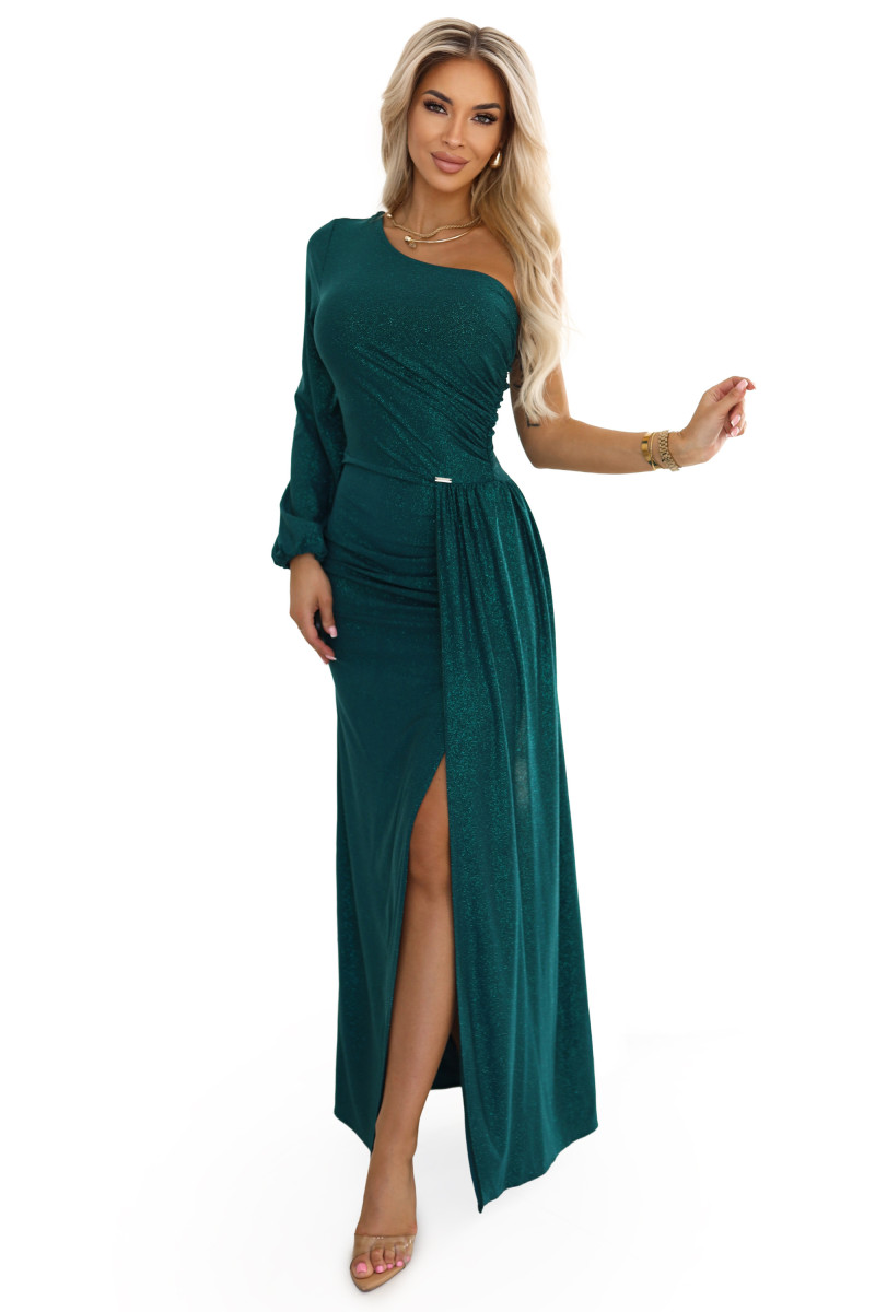Dlhé smaragdové asymetrické šaty s rozparkom