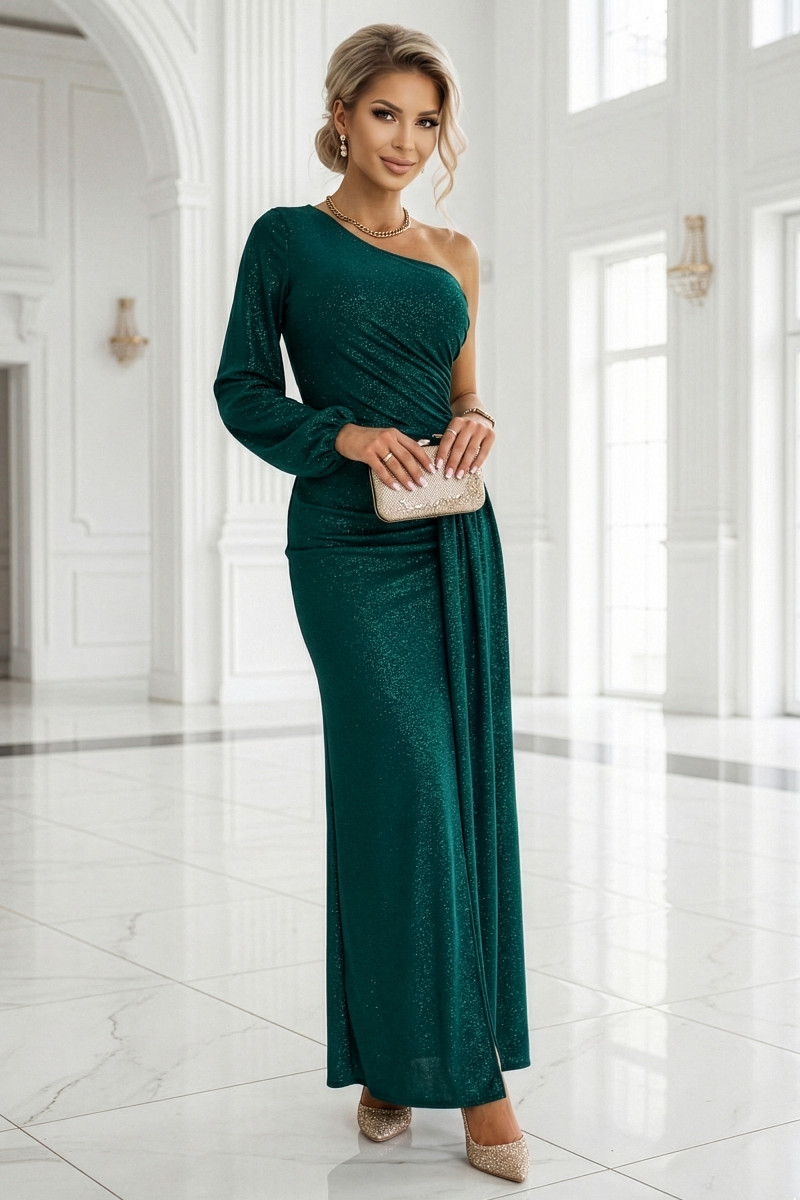Dlhé smaragdové asymetrické šaty s rozparkom