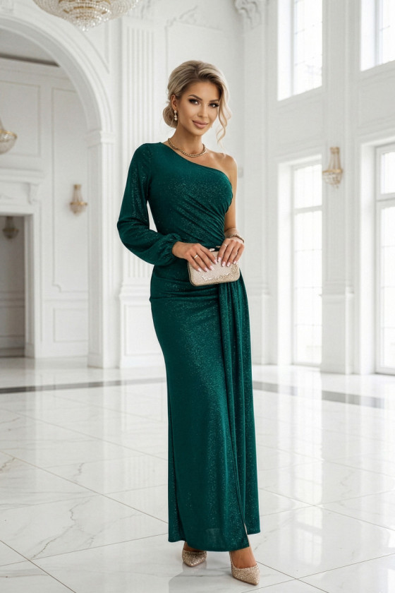 Dlhé smaragdové asymetrické šaty s rozparkom