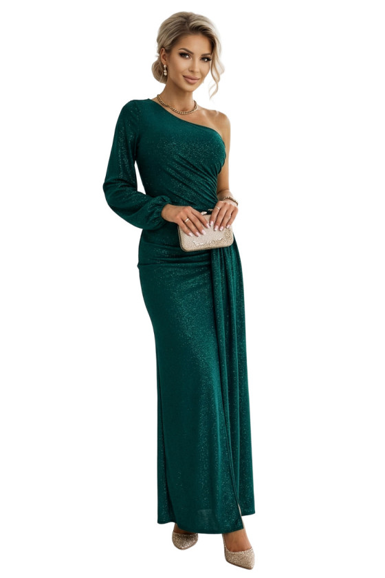 Dlhé smaragdové asymetrické šaty s rozparkom