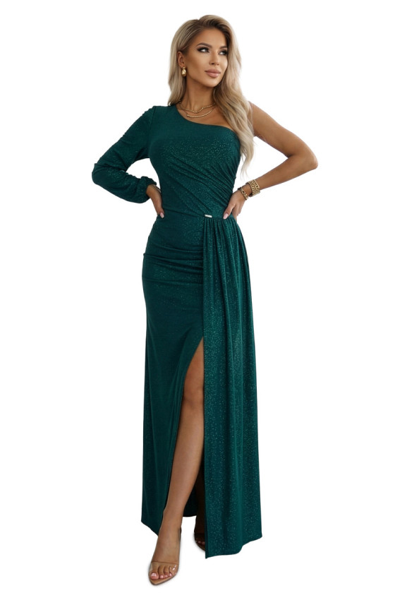 Dlhé smaragdové asymetrické šaty s rozparkom