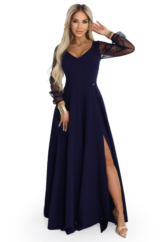 Tmavomodré dlhé spoločenské šaty s tylovými rukávmi