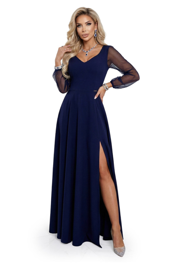 Tmavomodré dlhé spoločenské šaty s tylovými rukávmi